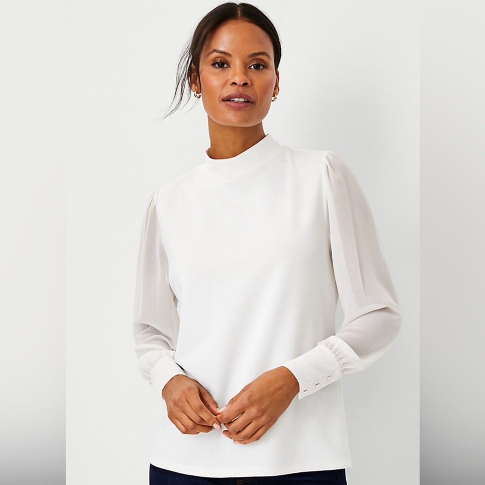 Ann Taylor, New with tags, Mixed Media Shirred Mock Neck Top, white, Large